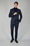 Navy Blue Wool Cashmere Buttoned Mono Collar Double Slit 6 Drop Suit