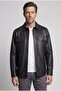 Navy Blue Leather Baby Collar Jacket Coat