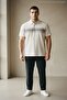 Men's Patterned Large Size Loose White Polo Neck T-Shirt
