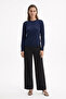 Shoulder Gold Button Detailed Knitwear Sweater Navy Blue 203 - 4