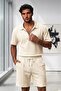 Men's White Olympos Zippered Collared Twisted Fabric T-Shirt Shorts Combination Set