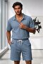 Men's Petrol Blue Olympos Zippered Collared Twill Fabric T-Shirt Shorts Combination Set