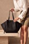 Women's Shopper Bag with Inner Bag, Straw Look Zippered Shoulder Bag, Heniza Black Straw