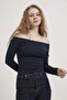 Women's Boat Neck Basic Long Sleeve Navy Blue Crop Bodysuit - 2
