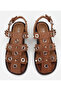 Women's Suede Leather Flat Sandals with Tan Stud Detail - 6
