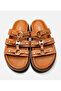Women's Leather Tan Buckle Flat Slippers - 5