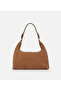 Women's Suede Leather Tan Pocket Buckle Shoulder Bag - 7