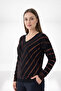 Women's Black-Gold V-Neck Glittery Diagonal Striped Stretch Fabric Knit Blouse - 2