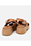 Women's Leather Tan Belted Wedge Heeled Sandals - 6