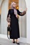 Lace-up Pencil Dress with Embroidered Tulle on the Sleeves - 4