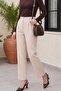 Single Button Trousers with Fold Detail on the Front and Pockets -Beige