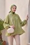 Oversized Tulle Voile Blouse with Tie Collar and Half Buttons - Green