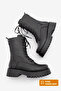 Women's Genuine Leather Combat Boots Thick Treaded Sole Zip-Up Lace-Up Casual Boot Orben Black