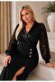 Women's Plus Size Double Breasted Satin Collar Button Detail Long Sleeve Slit Flexible Long Evening Dress 24175