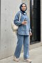 Kangaroo Pocket Hooded Jeans Set with Snap Front - Blue
