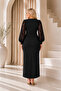 Women's Plus Size Double Breasted Satin Collar Button Detail Long Sleeve Slit Flexible Long Evening Dress 24175 - 7