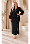 Women's Plus Size Double Breasted Satin Collar Button Detail Long Sleeve Slit Flexible Long Evening Dress 24175 - 3