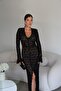 V-Neck Slit Detailed Padded Maxi Length Black Lace Dress - 7