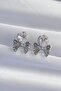 Brass Silver Color Zircon Stone Heart Model Bow Earrings - 2