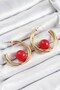 Brass Gold Color Hoop Model Red Bead Detail Women's Earrings - 2