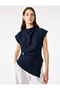 Asymmetrical Stand Collar Sleeveless Blouse with Metal Accessory Detail - 2