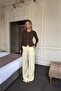 Brown Ruffle Detailed Sleeve Flared Knit Cardigan