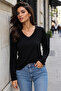 Women's V-Neck Oversize Basic Long Sleeve T-Shirt Black - 5