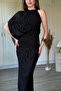 One-Shoulder Halter Neck Draped Elegant Shimmering Maxi Black Tulle Dress - 4