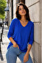 Women's V-Neck Oversize Basic Long Sleeve T-Shirt Cobalt Blue