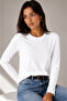 Women's Ecru Crew Neck Cotton Long Sleeve Basic Combed Cotton Tshirt Blouse - 5