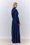 Satin Shoulder Drapeled Evening Dress Navy Blue - 5