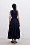 Sewing-Detailed Sleeveless Dress Navy Blue - 8