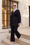 V-Neck Rose Brooch Belted Balloon Sleeve Pleated Elastic Waist Pants Dabıl Suit - Black - 5