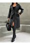 Belted Buttonless Black Faux Leather Long Trench Coat - 2