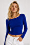 Women's Cobalt Blue Boat Neck Long Sleeve Blouse