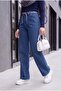 Wide Leg Belted Zippered Jeans - Dark Blue - 3