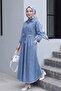 Half-Zipper Waist Tie Pocketed Denim Dress - Ice Blue - 4