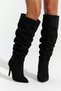 Zinnia Women's Black Suede Bellows Pointed Toe Thin Heel Below the Knee Gathered Slouchy Boots 9 cm Heel - 4