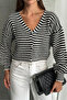 Women's Striped Metal Button Balloon Sleeve Seasonal Cardigan Black - 7