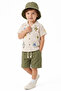 Boy's Beige Khaki Green Star Embroidered Hat and Muslin Shorts 3-Piece Set