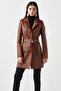 Sensilo Genuine Lambskin Belted Women's Trench Coat Brown - 3