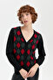 Women's V-Neck Cardigan with Diamond Pattern on the Front, Black - 6