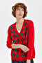 Women's V-Neck Cardigan with Diamond Pattern on the Front, Coral