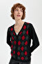 Women's V-Neck Cardigan with Diamond Pattern on the Front, Black - 8