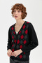 Women's V-Neck Cardigan with Diamond Pattern on the Front, Black - 4