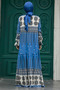 Patterned Indigo Blue Hijab Dress 50005Im - 3