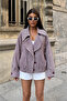 Women's Burgundy Herringbone Patterned Wide Collar Oversized Puffer Jacket - 4