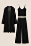 Black Openwork Cardigan - Shawl Collar Blouse and Trousers Set - 5