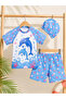 Girl's Dolphin Patterned 3-Piece Beach Set with Shorts and Swimsuit, Includes a Cap - 2