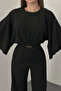 Black bat sleeve jumpsuit with waist drawstring belt accessory - 4